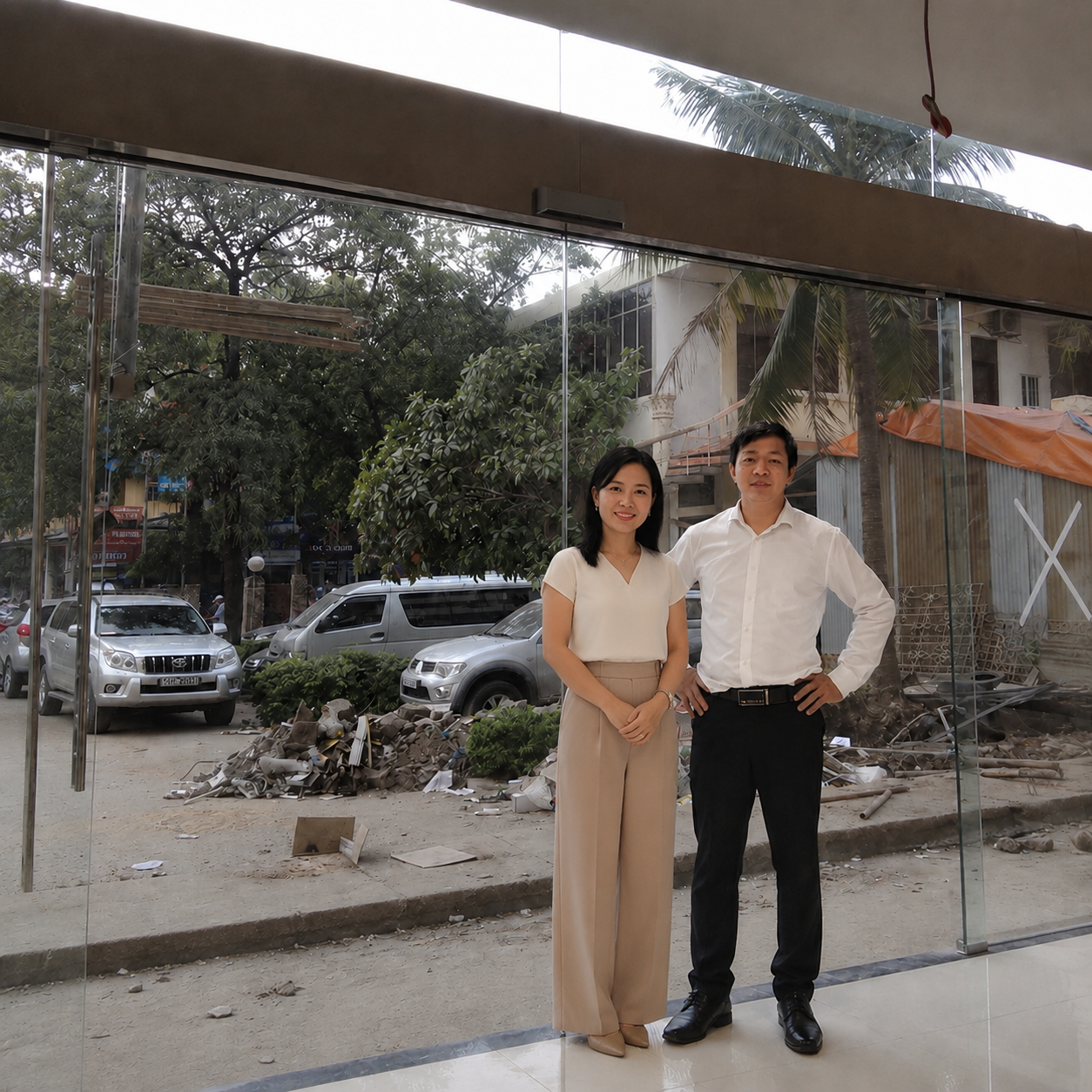 Cửa kính cường lực khổ lớn tại mặt tiền cửa hàng với hai người đứng bên trong